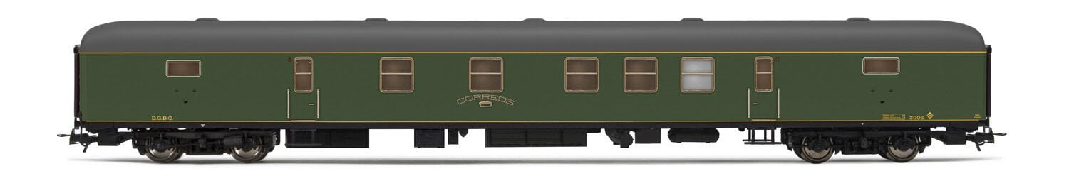 RENFE DGDC-3000 Postwagen, grün mit gelben Streifen in Original-Lackierung, Periode III