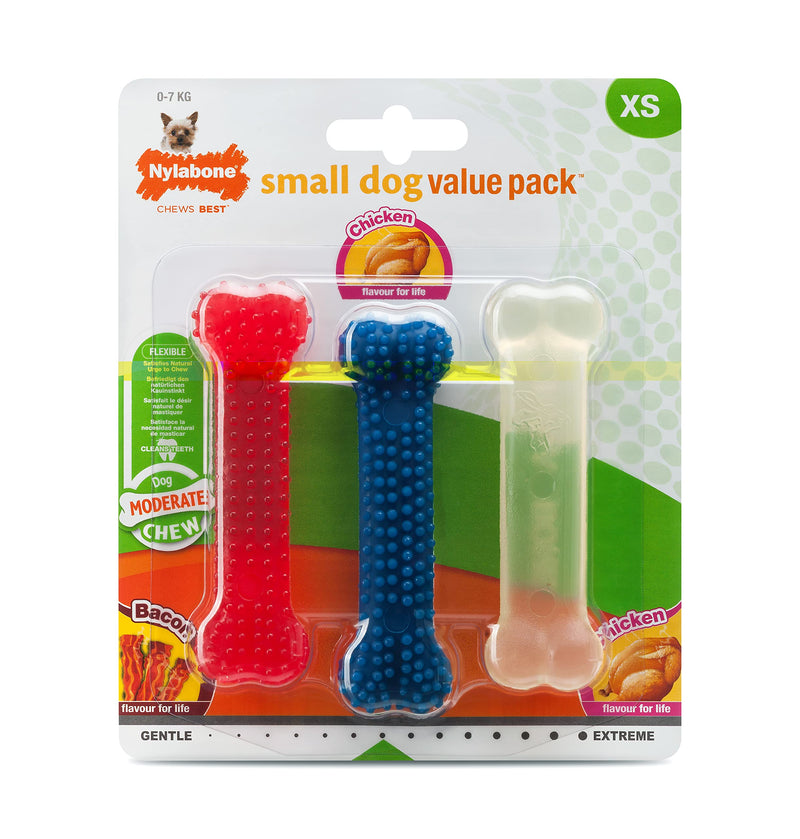 Nylabone Moderate Flexible Dental Dog Chew Toy Bones, 3 pack, Bacon, Chicken Flavoured, X-Small, for Dogs Up to 7 kg