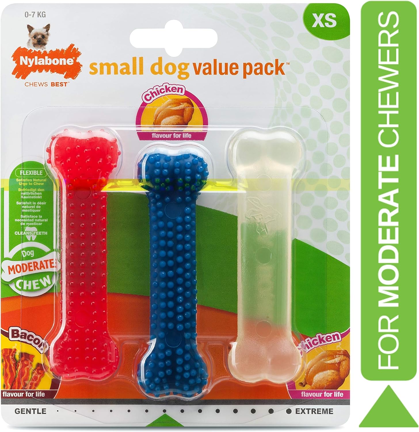 Nylabone Moderate Flexible Dental Dog Chew Toy Bones, 3 pack, Bacon, Chicken Flavoured, X-Small, for Dogs Up to 7 kg
