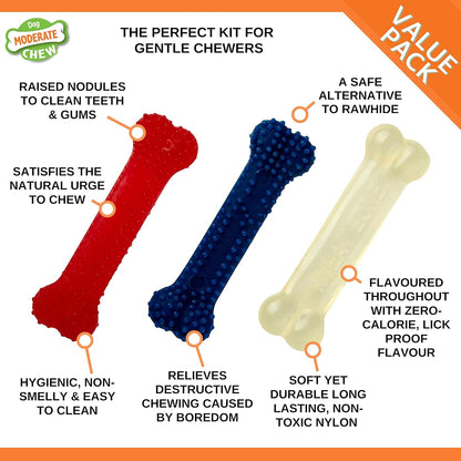Nylabone Moderate Flexible Dental Dog Chew Toy Bones, 3 pack, Bacon, Chicken Flavoured, X-Small, for Dogs Up to 7 kg