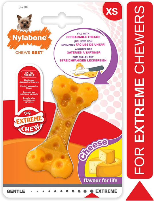 Nylabone Extreme Tough Dog Chew Toy Cheese Bone, Durable, Cleans Teeth, Cheese Flavour, X-Small, for Dogs Up to 7 kg