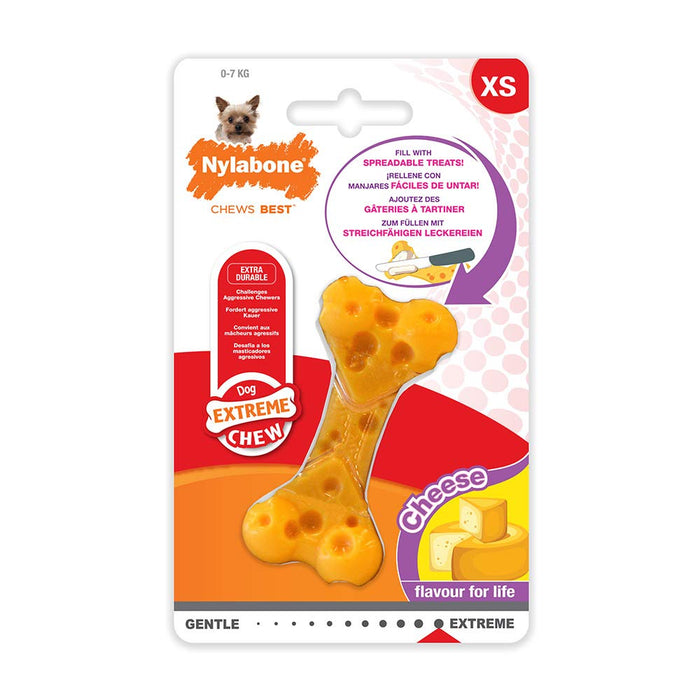 Nylabone Extreme Tough Dog Chew Toy Cheese Bone, Durable, Cleans Teeth, Cheese Flavour, X-Small, for Dogs Up to 7 kg