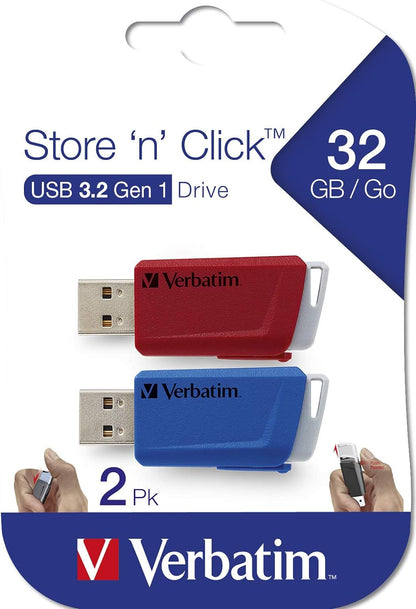 Verbatim Store 'n' Click USB-Stick 2x - USB 3.2 Gen1-32GB - memory-stick with locking-mechanism - USB-3 stick - external storage for laptop notebook and co - up to 5 Gbit/s - red blue