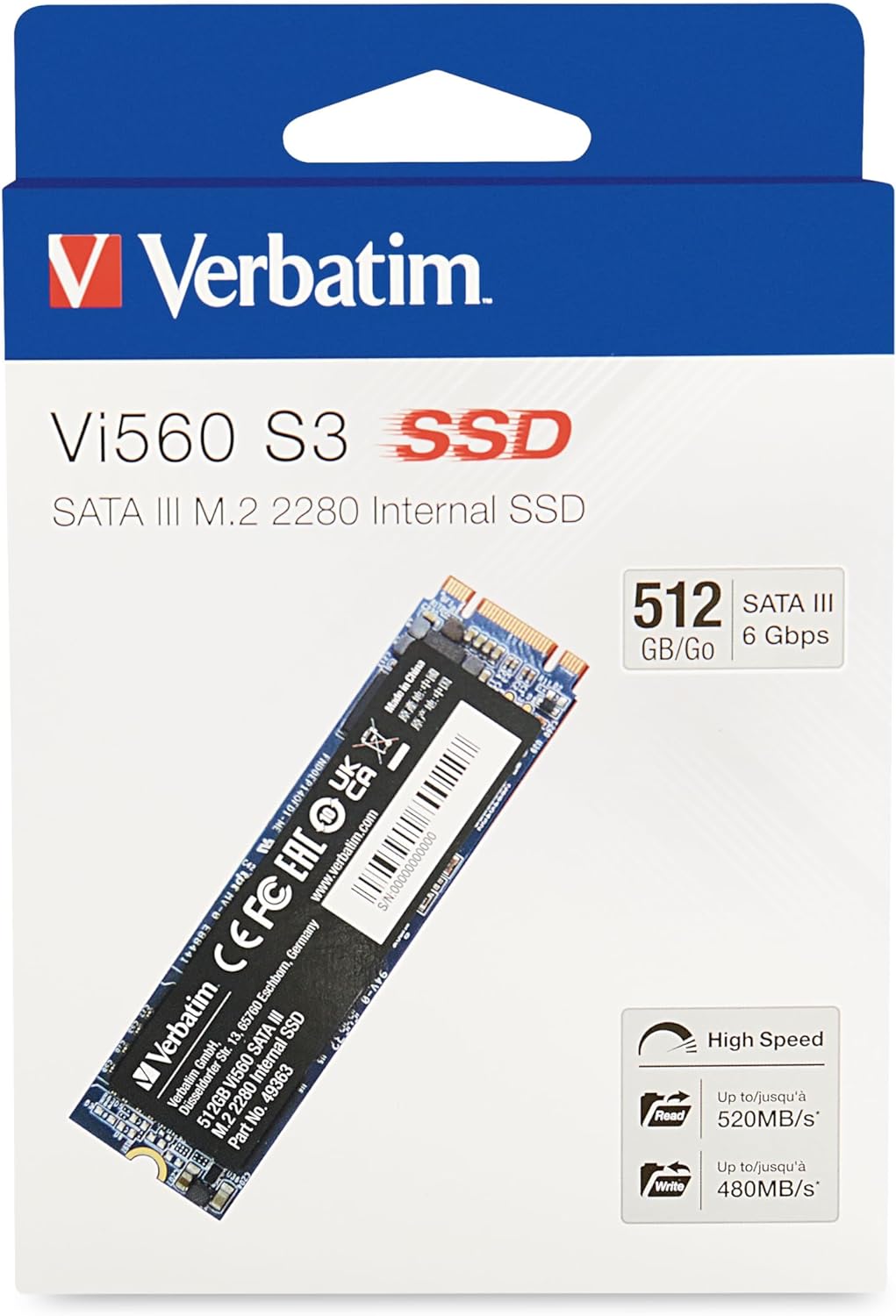 Verbatim Vi560 S3 SSD, internes SSD-Laufwerk mit 512 GB Datenspeicher, Solid State Drive mit SATA III M.2 2280 und 3D-NAND-Technologie, schwarz, ideal für Notebook und Ultrabook 512 GB Vi560 S3 SSD