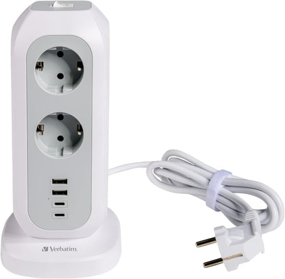 Verbatim EU Steckdosenturm 15-in-1, Mehrfachsteckdose mit 11 Euro-Steckdosen, 2 USB-C und 2 USB-A Anschlüssen, Multisteckdose mit Schalter und 2 m Verlängerungskabel, max. 3600 W