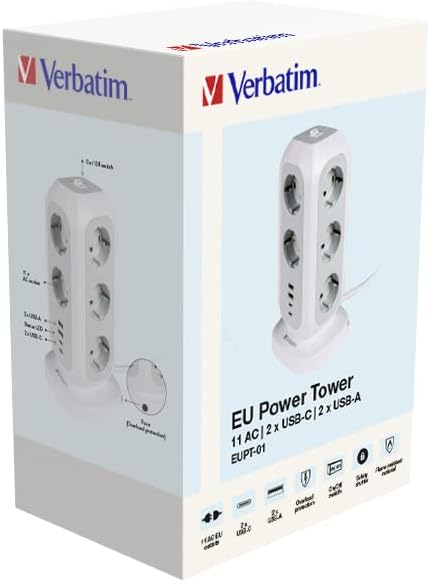 Verbatim EU Steckdosenturm 15-in-1, Mehrfachsteckdose mit 11 Euro-Steckdosen, 2 USB-C und 2 USB-A Anschlüssen, Multisteckdose mit Schalter und 2 m Verlängerungskabel, max. 3600 W
