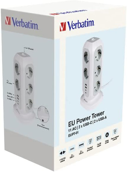 Verbatim EU Steckdosenturm 15-in-1, Mehrfachsteckdose mit 11 Euro-Steckdosen, 2 USB-C und 2 USB-A Anschlüssen, Multisteckdose mit Schalter und 2 m Verlängerungskabel, max. 3600 W