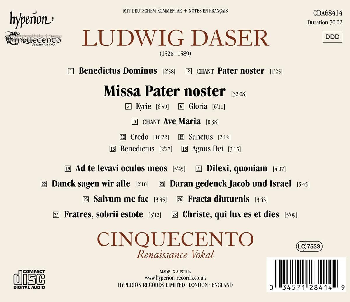 Ludwig Daser: Missa Pater Noster & Other Works