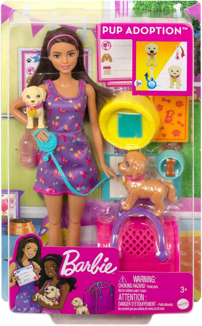 Barbie Pup Adoption Doll & Accessories Set with Color-Change, 2 Pets, Carrier & 10 Accessories, Brunette Doll in Purple Dress