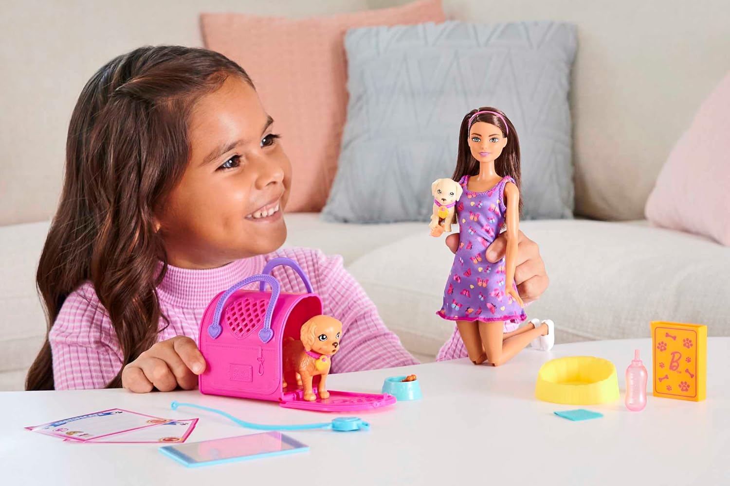 Barbie Pup Adoption Doll & Accessories Set with Color-Change, 2 Pets, Carrier & 10 Accessories, Brunette Doll in Purple Dress