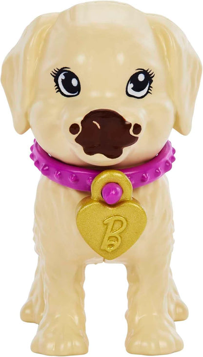 Barbie Pup Adoption Doll & Accessories Set with Color-Change, 2 Pets, Carrier & 10 Accessories, Brunette Doll in Purple Dress