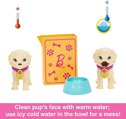 Barbie Pup Adoption Doll & Accessories Set with Color-Change, 2 Pets, Carrier & 10 Accessories, Brunette Doll in Purple Dress