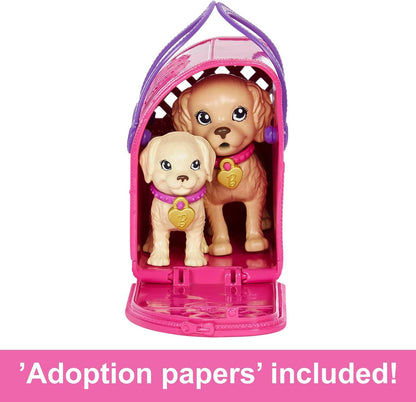 Barbie Pup Adoption Doll & Accessories Set with Color-Change, 2 Pets, Carrier & 10 Accessories, Brunette Doll in Purple Dress