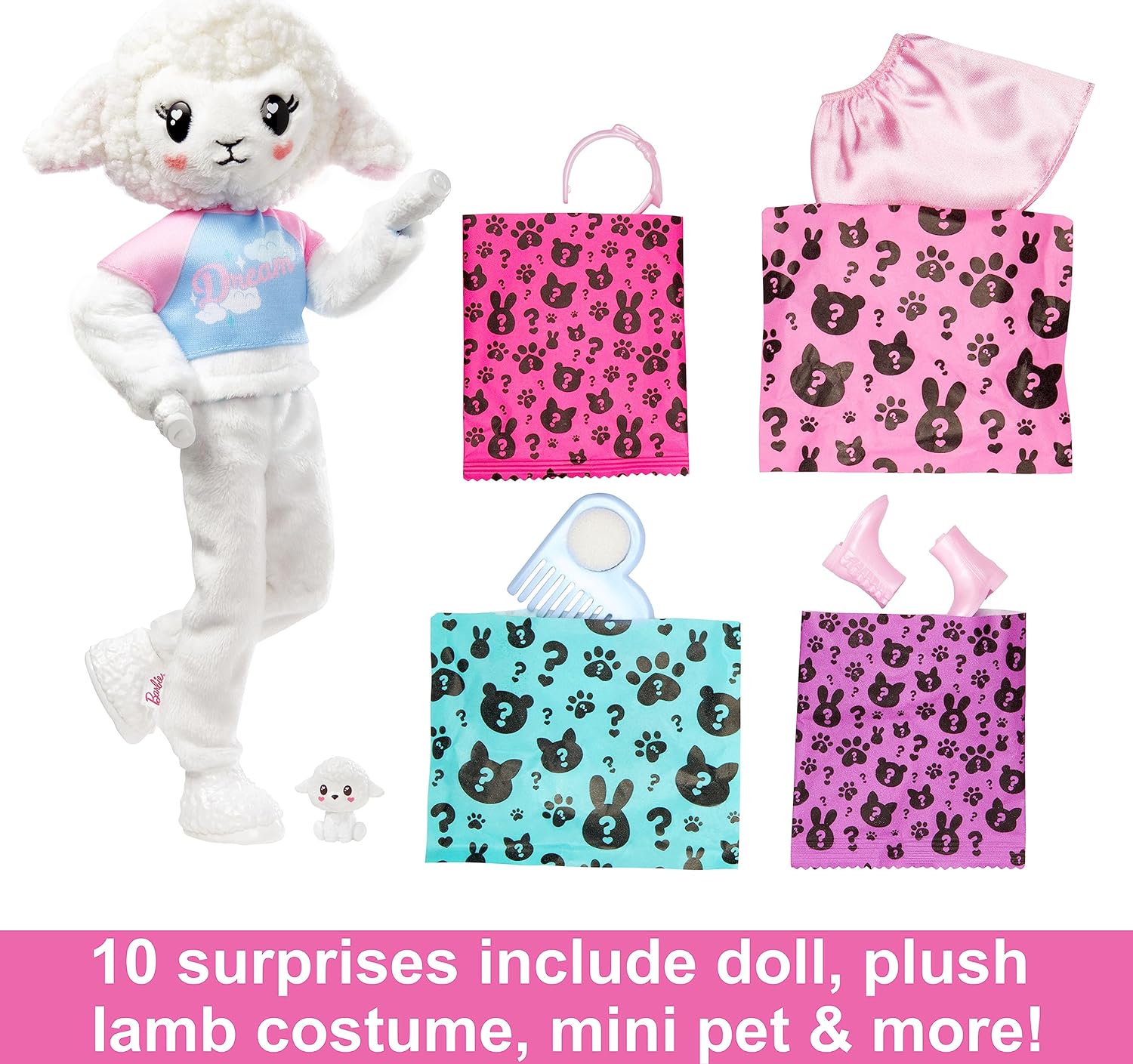 Barbie Cutie Reveal Doll & Accessories, Lamb Plush Costume & 10 Surprises Including Color Change, “Dream” Cozy Cute Tees, HKR03