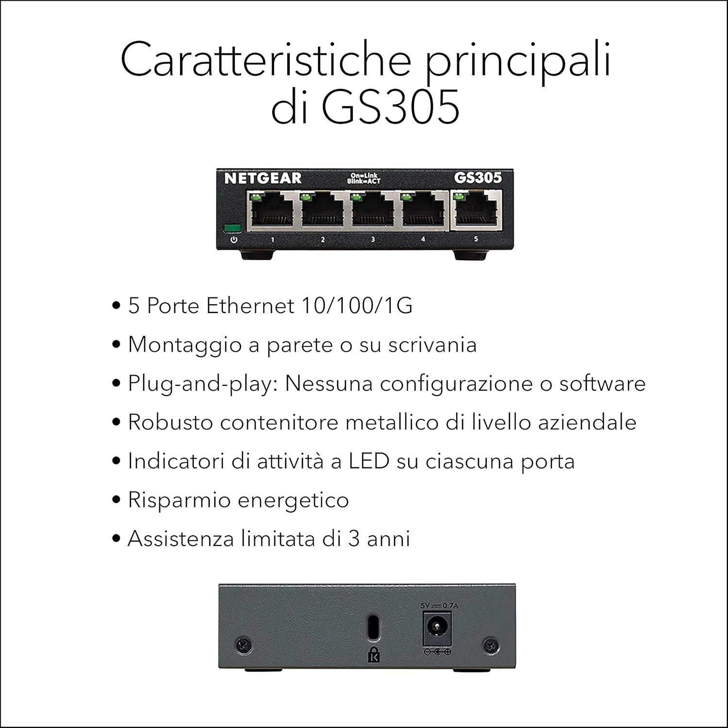 Netgear GS305-300PES 5-Port Gigabit Switch (fanless design, easy plug and play installation, Layer2, rugged metal chassis, energy saving, metal RJ45 connectors