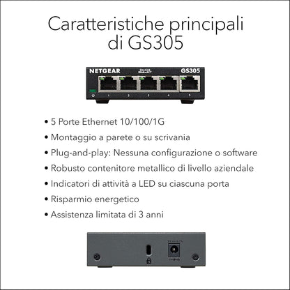 Netgear GS305-300PES 5-Port Gigabit Switch (fanless design, easy plug and play installation, Layer2, rugged metal chassis, energy saving, metal RJ45 connectors