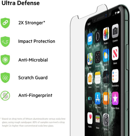 Belkin ScreenForce InvisiGlass Ultra Anti-Microbial Screen Protector for iPhone 11 Pro (iPhone 11 Pro Screen Protection, Reduces Bacteria on Screen up to 99%) Invisiglass Ultra iPhone 11 Pro / X / Xs