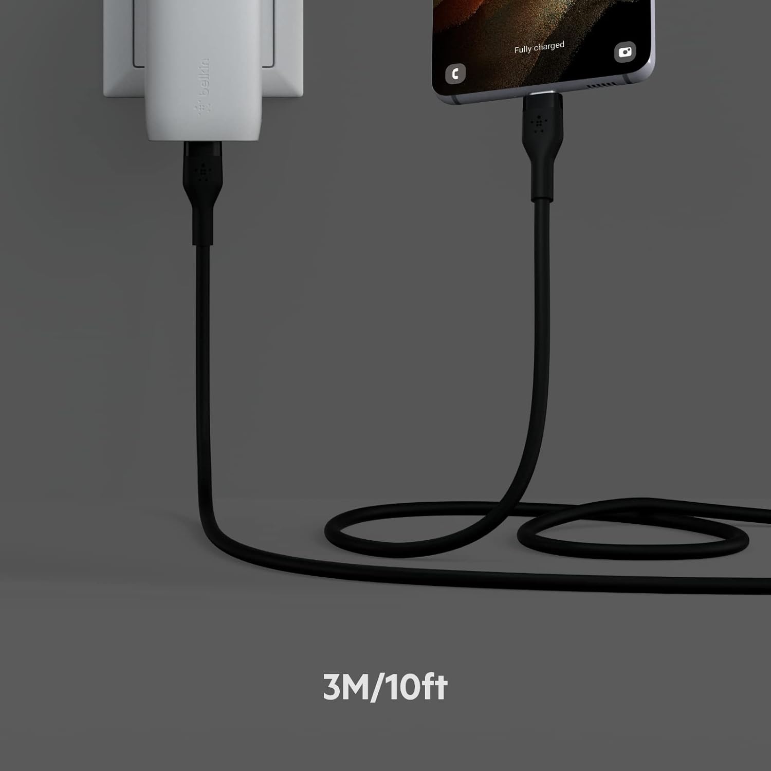 Belkin BoostCharge Flex silicone USB C charger cable, USB-IF certified USB type C to USB type C charging cable for iPhone 15, Samsung Galaxy S23, S22, iPad, MacBook, Note, Pixel and more - 3m, black