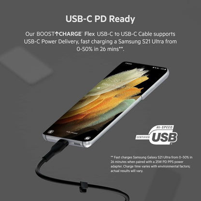 Belkin BoostCharge Flex silicone USB C charger cable, USB-IF certified USB type C to USB type C charging cable for iPhone 15, Samsung Galaxy S23, S22, iPad, MacBook, Note, Pixel and more - 3m, black