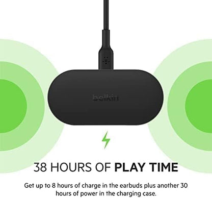 Belkin SOUNDFORM Play True Wireless Earbuds, Wireless Earphones with 3 EQ Presets, IPX5 Sweat and Water Resistant, 38 Hours Play Time for iPhone, Galaxy, Pixel and More