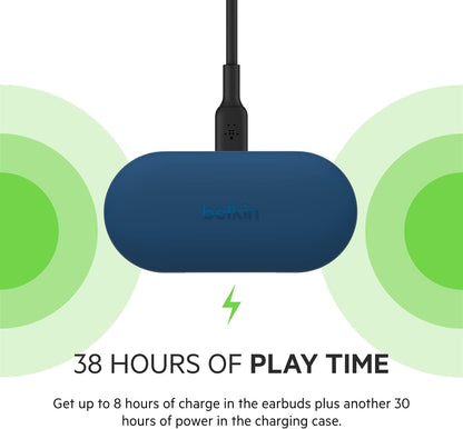 Belkin SOUNDFORM Play True Wireless Earbuds, Wireless Earphones with 3 EQ Presets, IPX5 Sweat and Water Resistant, 38 Hours Play Time for iPhone, Galaxy, Pixel and More