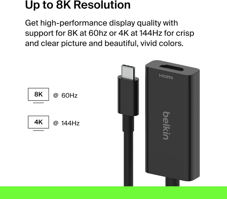 Belkin USB Type C to HDMI 2.1 Adapter, Tethered 4.33in Cable with 8K@60Hz, 4K@144Hz, HDR, HBR3, DSC, HDCP 2.2, USB-IF Certified for Chromebook, Macbook, iPad Pro and other USB C Devices