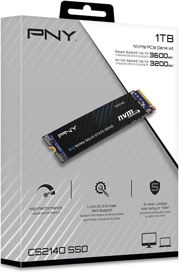 PNY CS2140 1TB M.2 NVMe Gen4 x4 Internal Solid State Drive (SSD), up to 3600MB/s - M280CS2140-1TB-RB