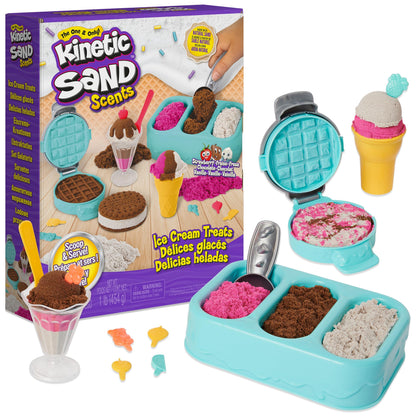 Kinetic Sand Scents, Ice Cream Treats Playset with 3 Colours of All-Natural Scented Sand and 6 Serving Tools