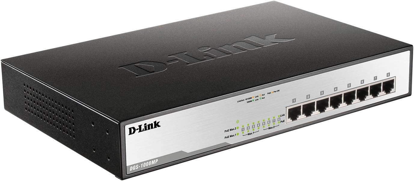 D-Link DGS-1008MP 8-Port Gigabit Unmanaged Metal Desktop Switch with 8 PoE+ Port - Up to 30 W per Port with 125 W PoE Budget, black DGS-1008MP