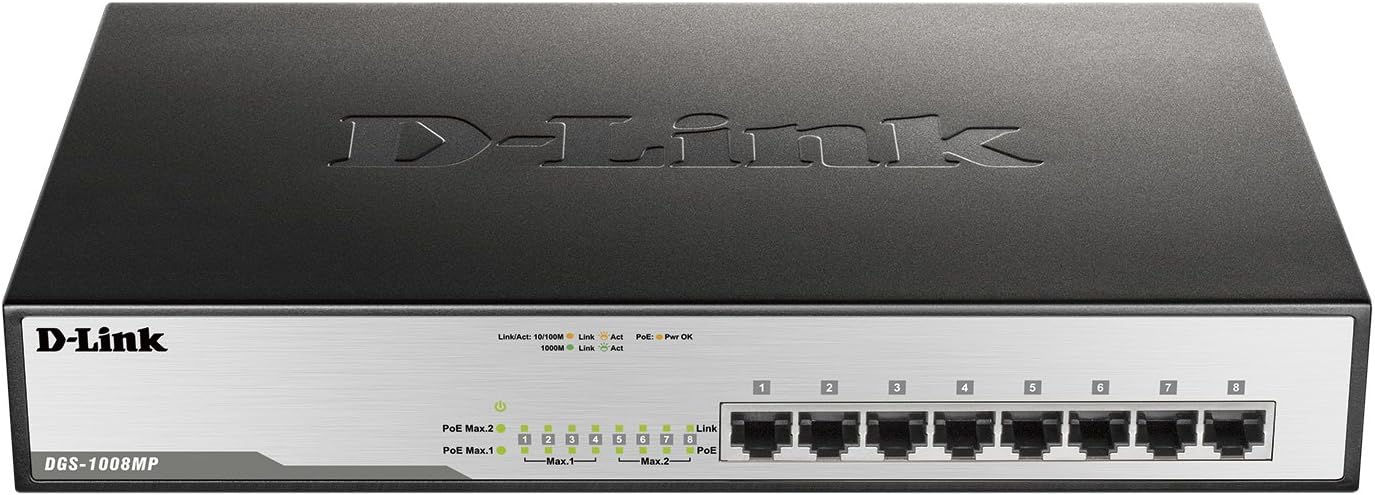 D-Link DGS-1008MP 8-Port Gigabit Unmanaged Metal Desktop Switch with 8 PoE+ Port - Up to 30 W per Port with 125 W PoE Budget, black DGS-1008MP