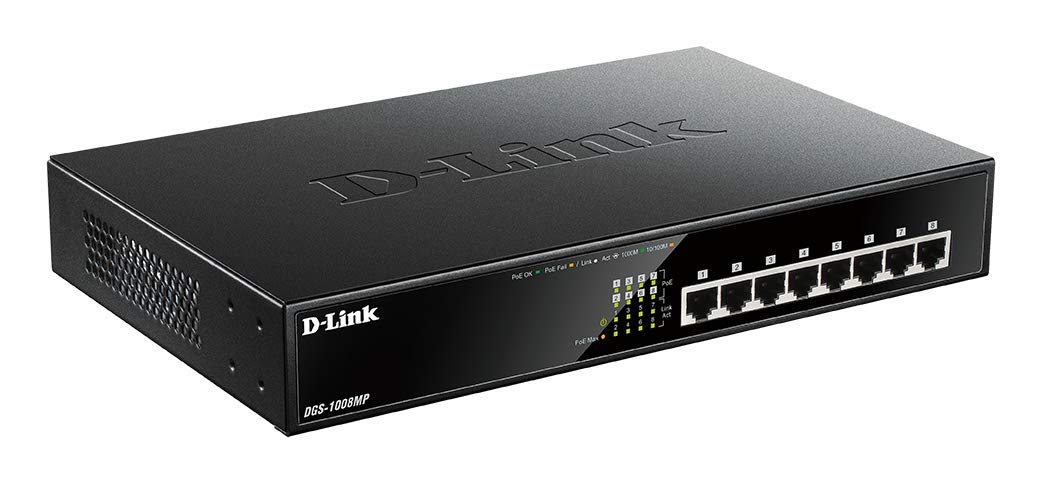 D-Link DGS-1008MP 8-Port Gigabit Unmanaged Metal Desktop Switch with 8 PoE+ Port - Up to 30 W per Port with 125 W PoE Budget, black DGS-1008MP