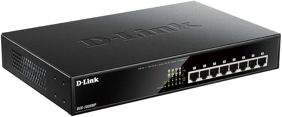 D-Link DGS-1008MP 8-Port Gigabit Unmanaged Metal Desktop Switch with 8 PoE+ Port - Up to 30 W per Port with 125 W PoE Budget, black DGS-1008MP