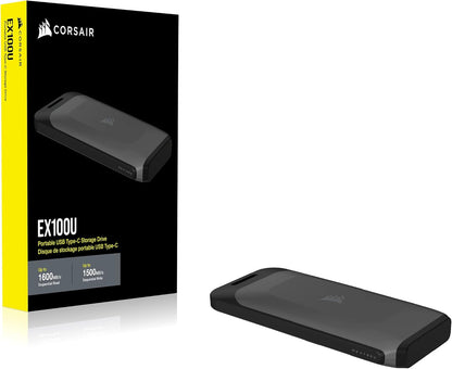 Corsair EX100U 1TB Portable USB Type-C Storage Drive - Blazing-Fast Storage to any PC/Mac/Console, Gen2 x2 Connection, Up to 20Gbps, Plug and Play, Included USB Type-C and USB Type-A cables - Black
