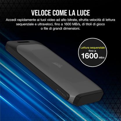 Corsair EX100U 2TB Portable USB Type-C Storage Drive - Blazing-Fast Storage to any PC/Mac/Console, Gen2 x2 Connection, Up to 20Gbps, Plug and Play, Included USB Type-C and USB Type-A cables - Black