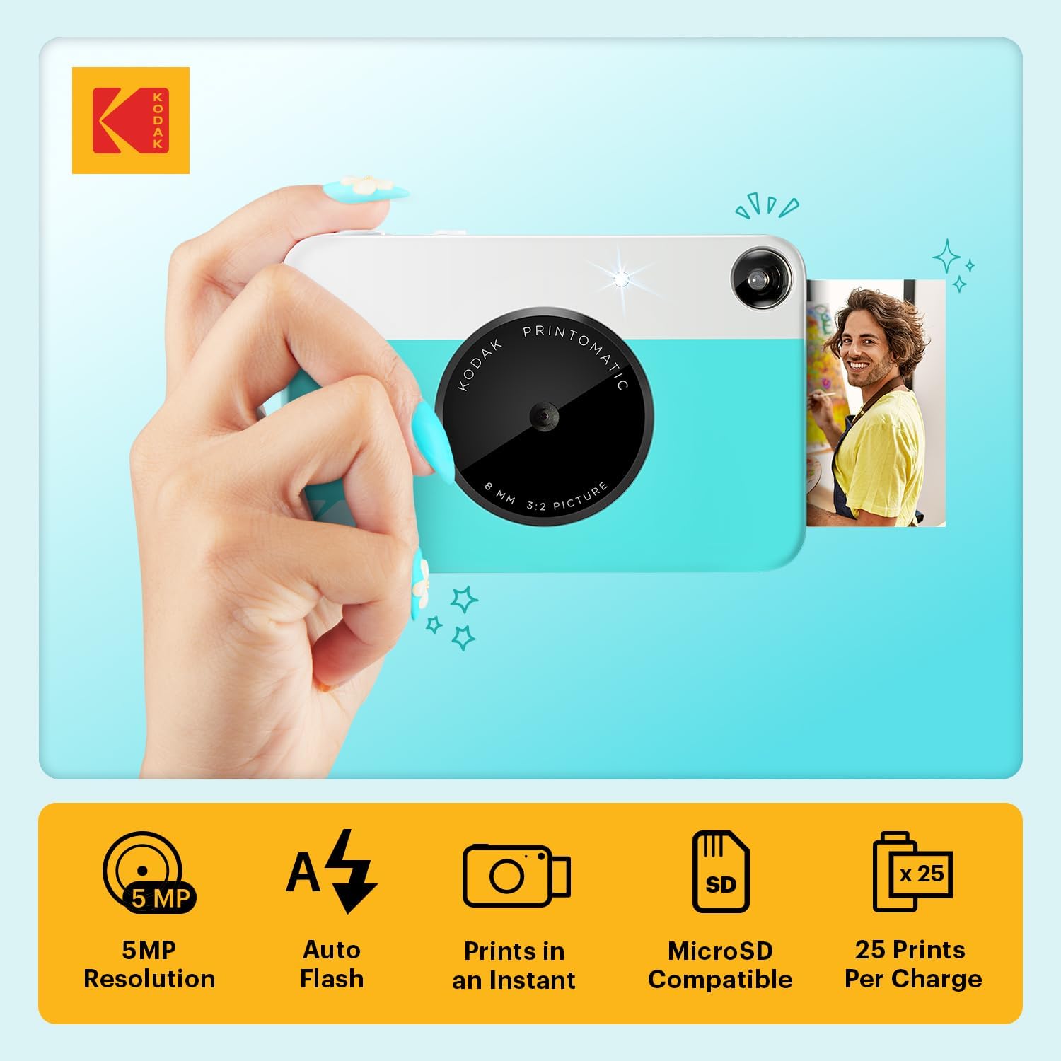 Kodak Printomatic Digital Instant Print Camera - Full Color Prints On ZINK 2 x 3 Inch Sticky-Backed Photo Paper (Blue) Print Memories Instantly