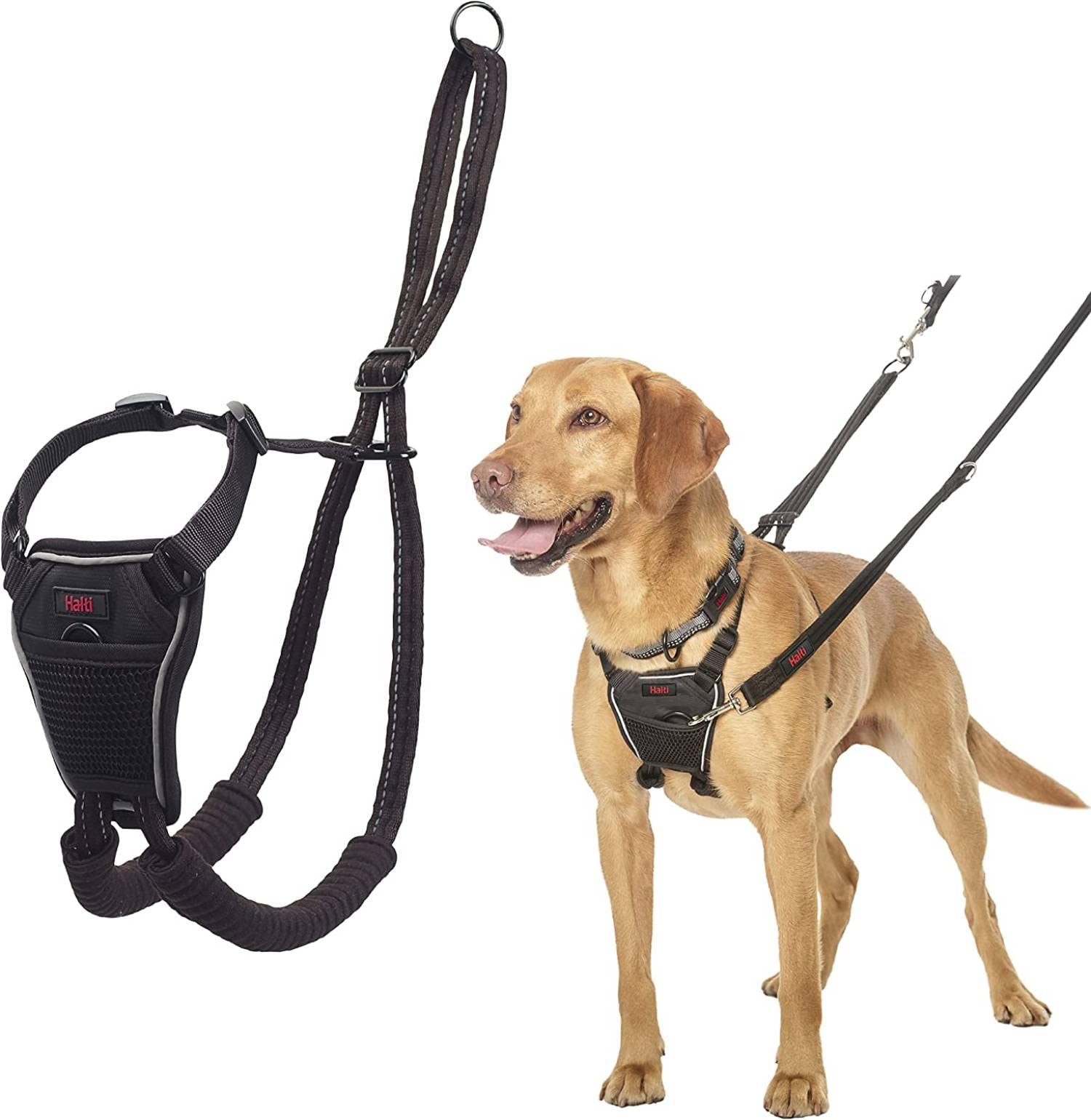 Arnés anti tirones HALTI - Para evitar que tu perro tire de la correa, Ajustable, Ligero y Fácil de Usar. Reflexiva Adiestramiento canino Arnés para perros medianos (Talla M, Negro)