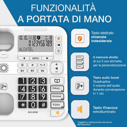 ALCATEL TMAX 70 - Telefono Fisso a Filo per Anziani - Grande Display - Tasti Grandi - Vivavoce - Audio Boost - Blocco Chiamate - Suoneria Extra Forte - Bianco