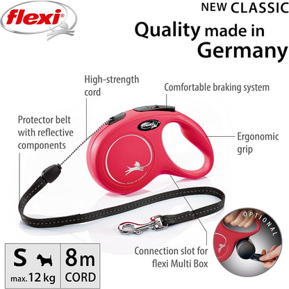Flexi New Classic Cord Red Small 8m Retractable Dog Leash/Lead for dogs up to 12kgs/26lbs Small (8m)