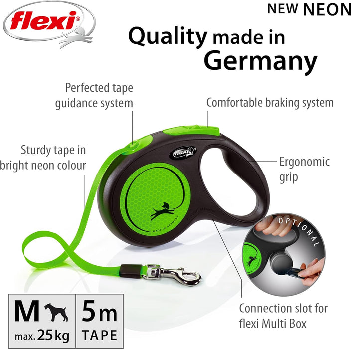 Flexi New Neon Tape Green Medium 5m Retractable Dog Leash/Lead for dogs up to 25kgs/55lbs