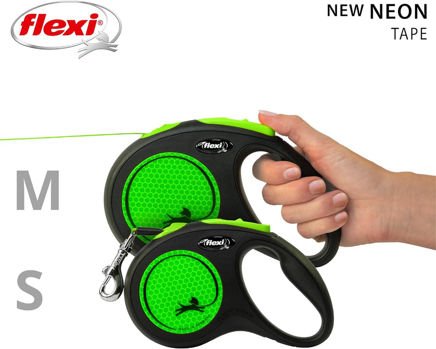 Flexi New Neon Tape Green Medium 5m Retractable Dog Leash/Lead for dogs up to 25kgs/55lbs