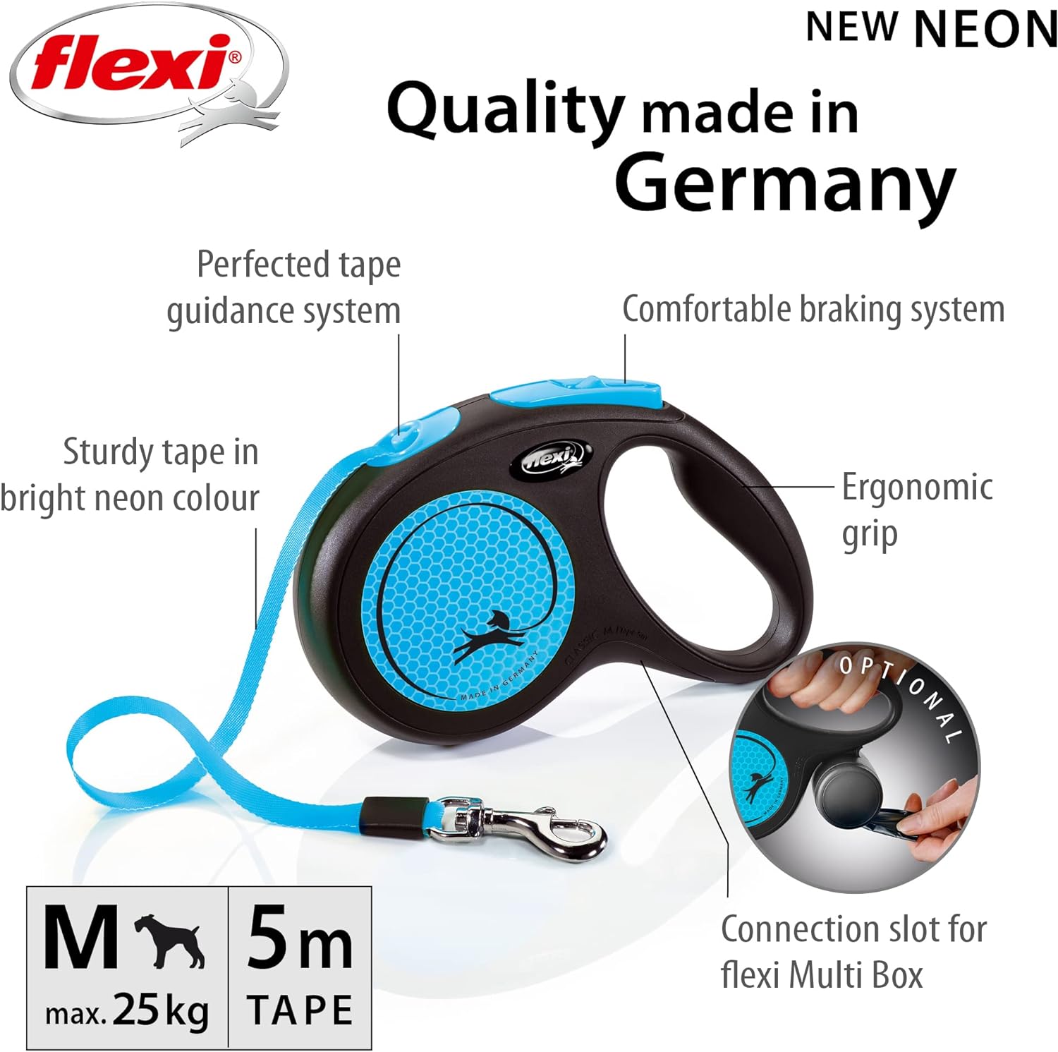 Flexi New Neon Tape Blue Medium 5m Retractable Dog Leash/Lead for dogs up to 25kgs/55lbs