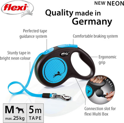Flexi New Neon Tape Blue Medium 5m Retractable Dog Leash/Lead for dogs up to 25kgs/55lbs