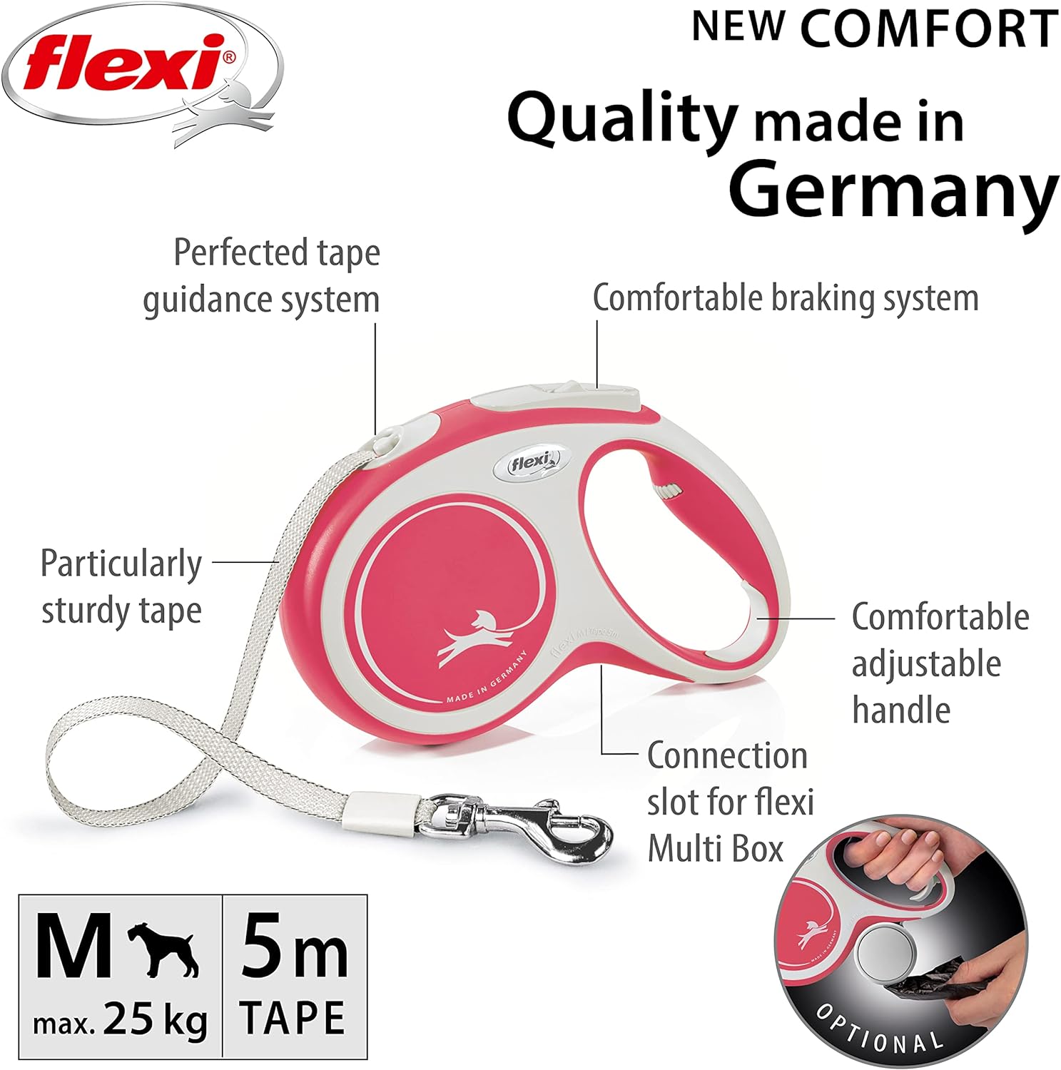 Flexi New Comfort Tape Grey & Red Medium 5m Retractable Dog Leash/Lead for dogs up to 25kgs/55lbs