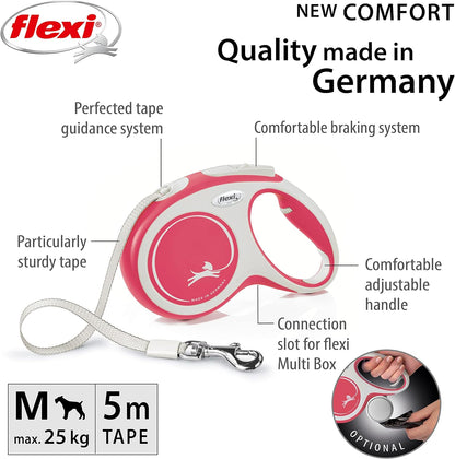 Flexi New Comfort Tape Grey & Red Medium 5m Retractable Dog Leash/Lead for dogs up to 25kgs/55lbs