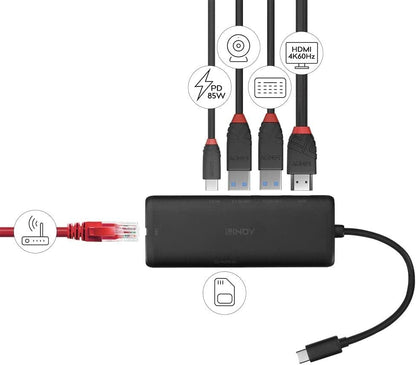 Lindy DST-Mini, USB C Laptop Docking Station with 4K & 100W Pass-Through Charging for Laptop & Peripherals -HP Mac Acer Dell Asus Lenovo -HDMI, 2 USB-A with Battery Charging, Ethernet, SD, microSD