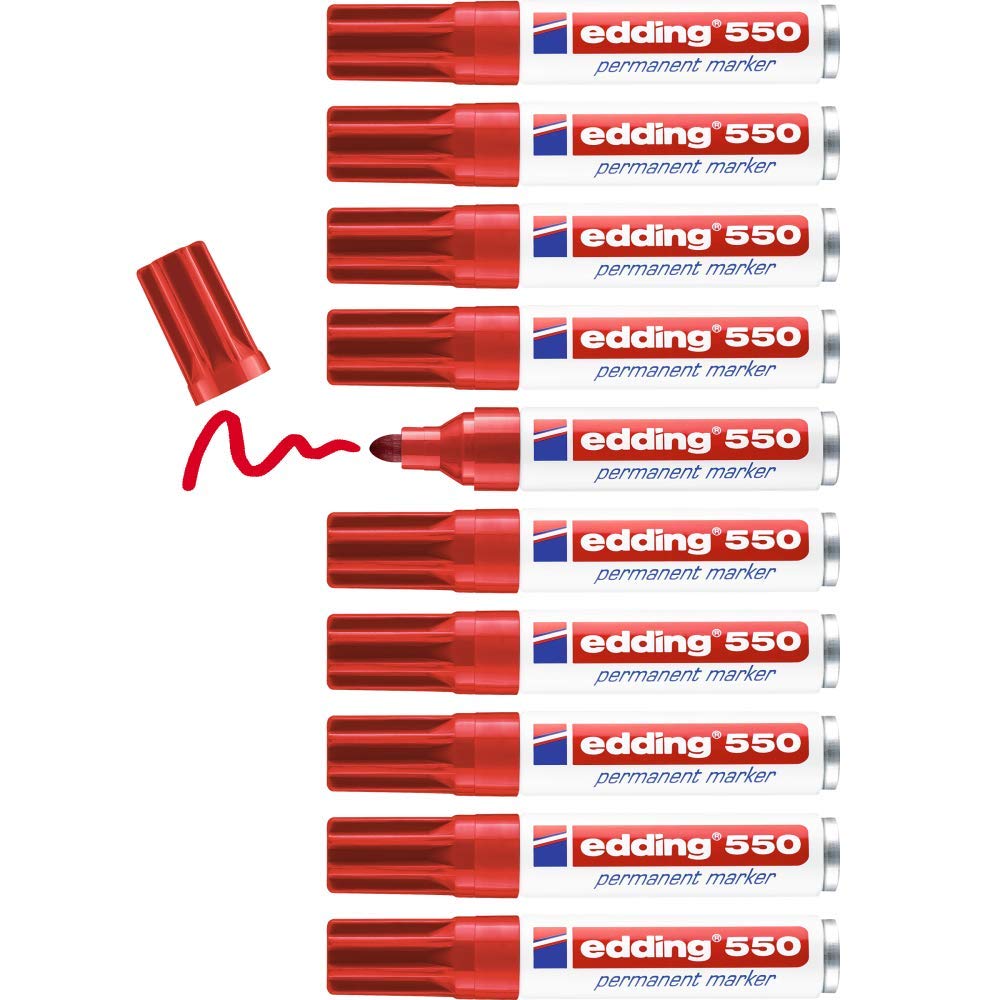 edding 550 permanent marker - red - 10 pens - round tip 3-4 mm - waterproof, quick-drying, smear-proof pens - for cardboard, plastic, wood, metal, glass and fabric 04: 10 Pens - red