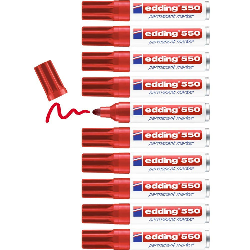 edding 550 permanent marker - red - 10 pens - round tip 3-4 mm - waterproof, quick-drying, smear-proof pens - for cardboard, plastic, wood, metal, glass and fabric 04: 10 Pens - red