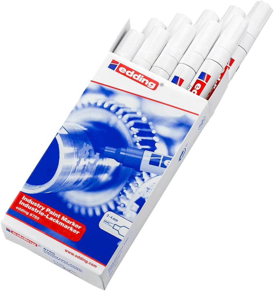 edding 8750 industry paint marker - white - 10 pens - round nib 2-4 mm - paint marker for writing on dusty, slightly oily surfaces, tyres, metal, glass and wood - permanent, waterproof