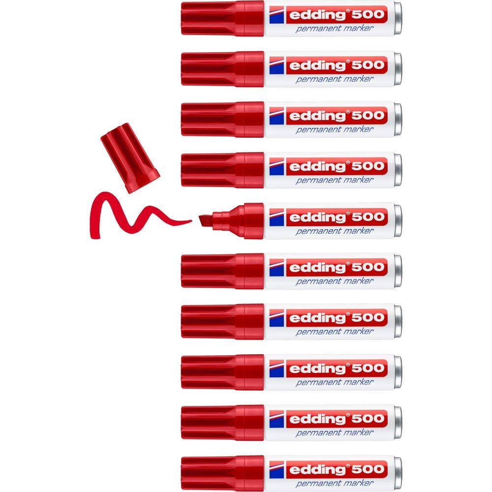 edding 500 permanent marker - red - 10 pens - chisel tip 2-7 mm - waterproof, quick-drying, smear-proof pens - for cardboard, plastic, wood, metal, glass and fabric