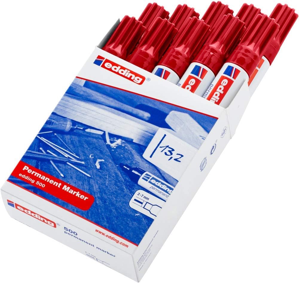 edding 500 permanent marker - red - 10 pens - chisel tip 2-7 mm - waterproof, quick-drying, smear-proof pens - for cardboard, plastic, wood, metal, glass and fabric